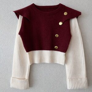 SHEIN Burgundy Color Block Cropped Sweater Gold Button Ribbed Sleeves